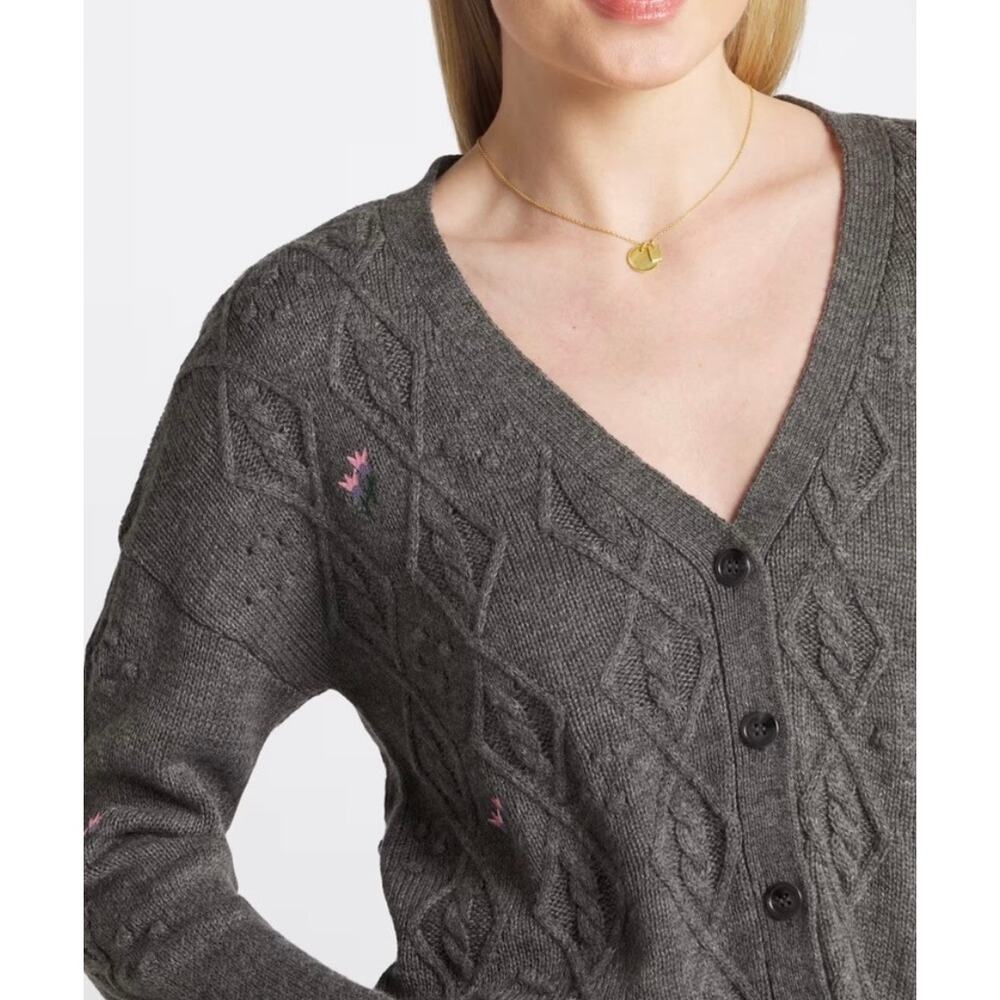 The General Good Floral Embroidered Cable Knit Gray Boxy V-Neck Cardigan MEDIUM